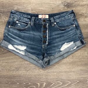 We The Free Button Fly Distressed Denim Shorts Cuffed Raw Hem Boho
